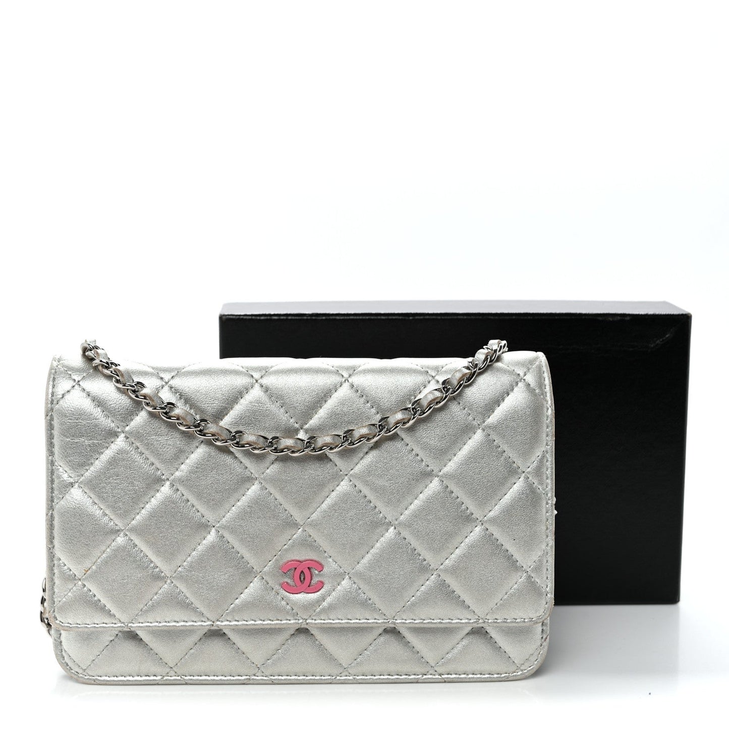 Metallic Lambskin Quilted Wallet On Chain WOC Silver