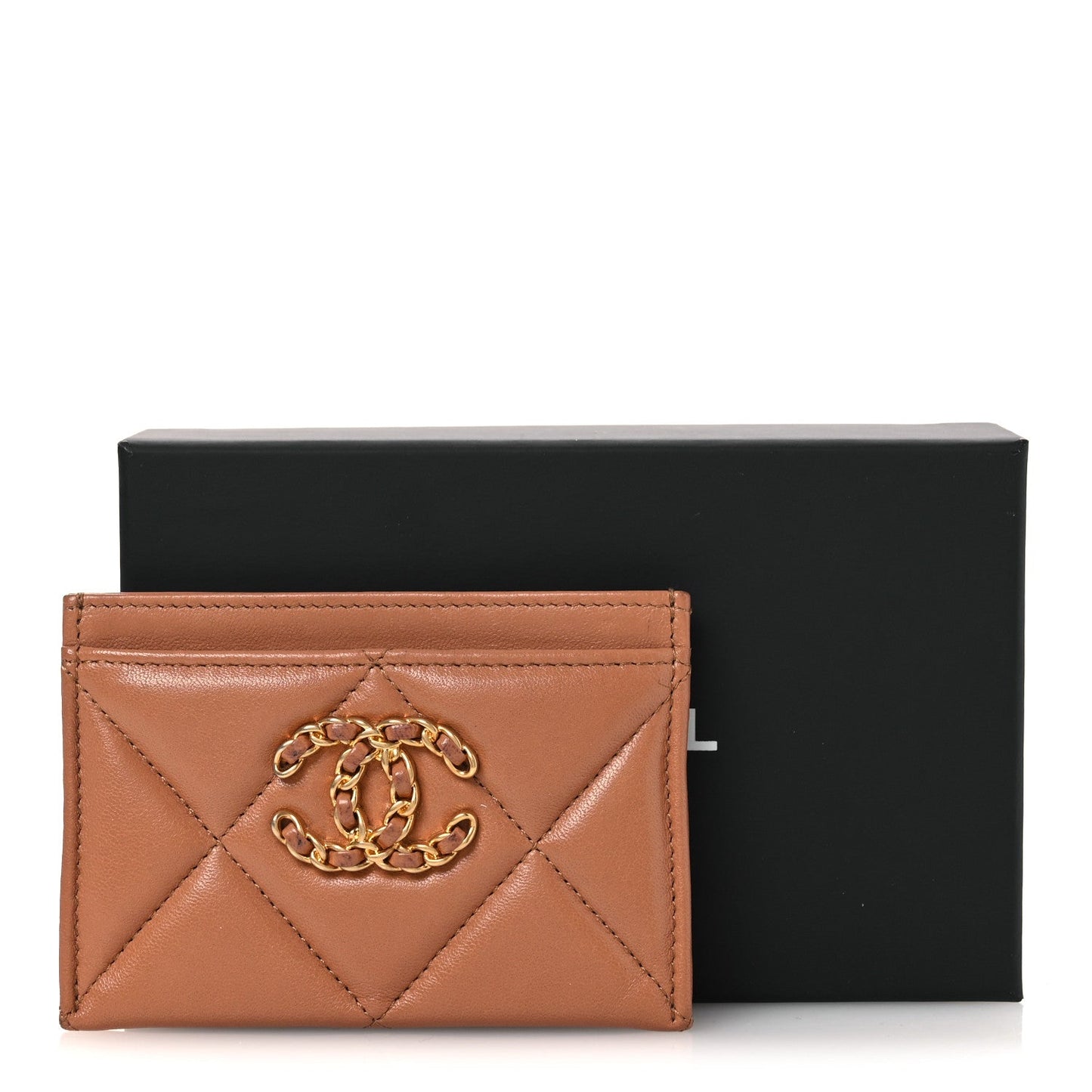 Lambskin Quilted Chanel 19 Card Holder Brown