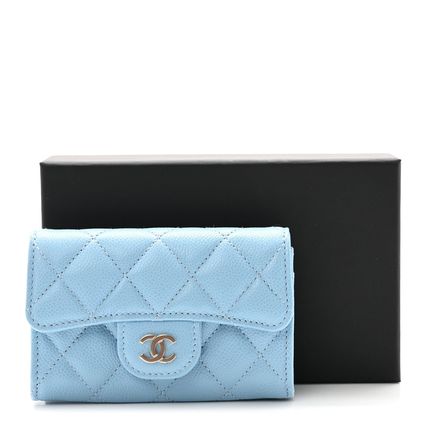 Caviar Quilted Flap Card Holder Wallet Light Blue