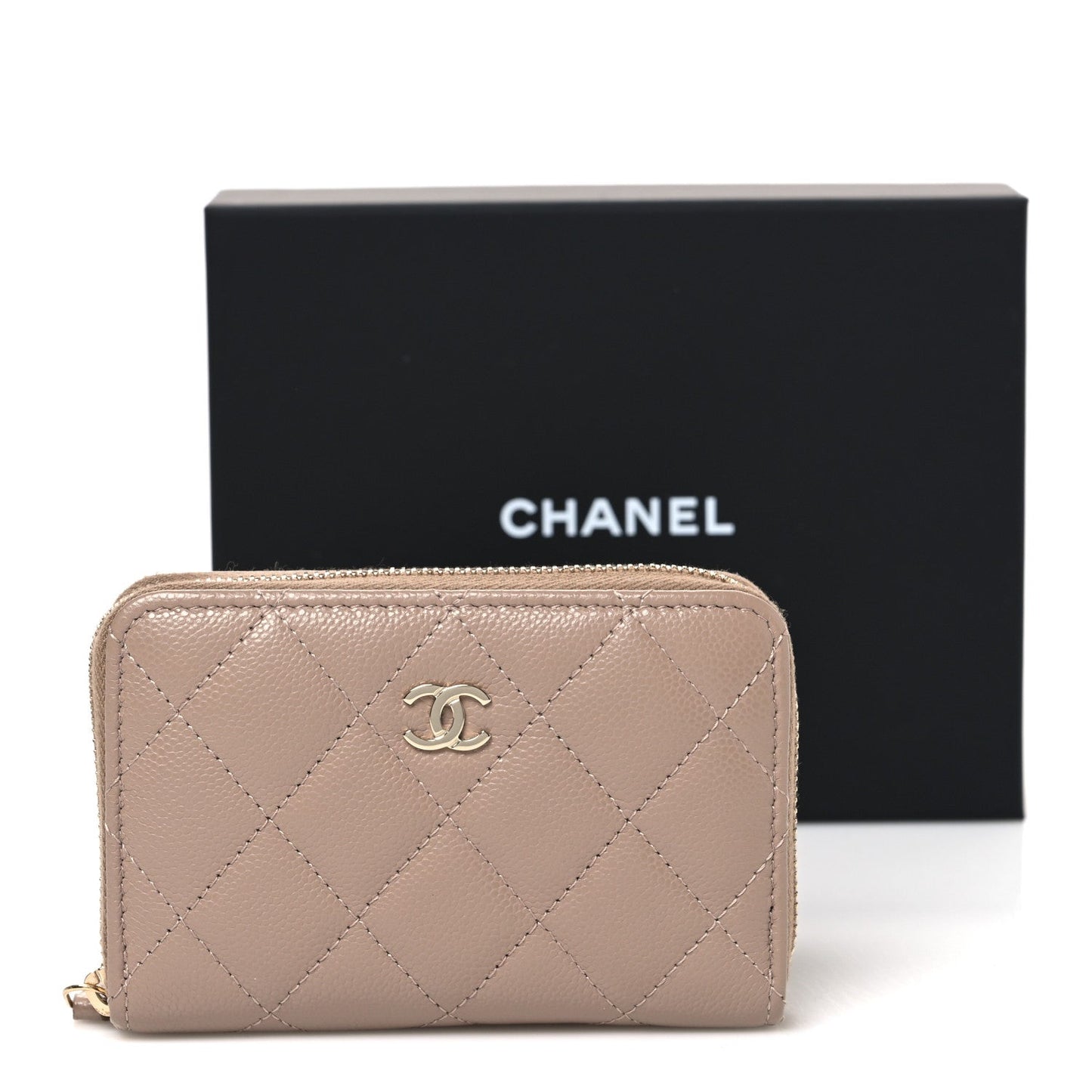 Caviar Quilted Small Zip Around Wallet Dark Beige