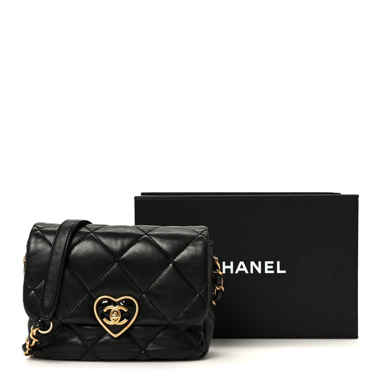 Lambskin Resin Quilted Mini Heart Square Flap Black