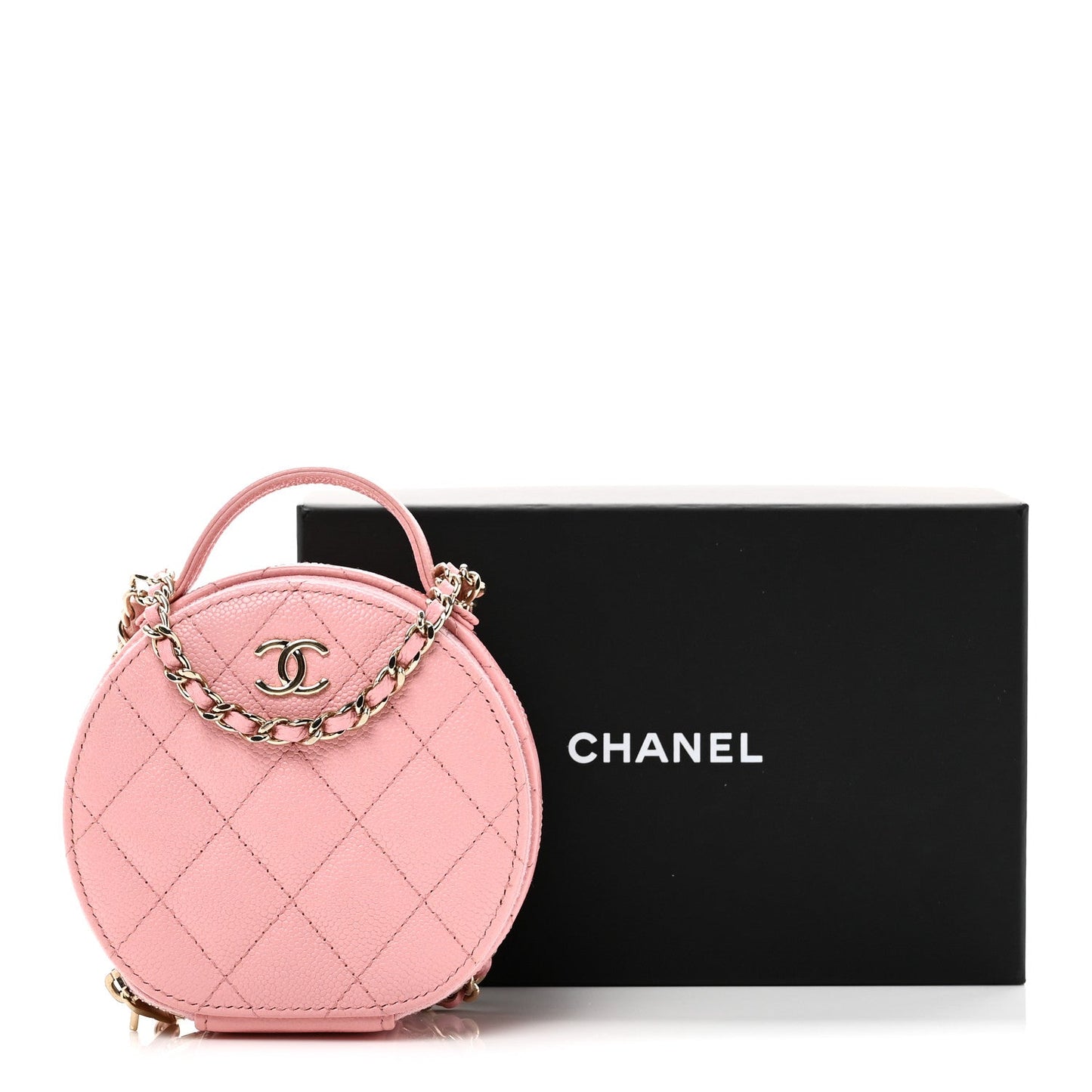 Caviar Quilted Round Handle With Care Vanity With Chain Pink