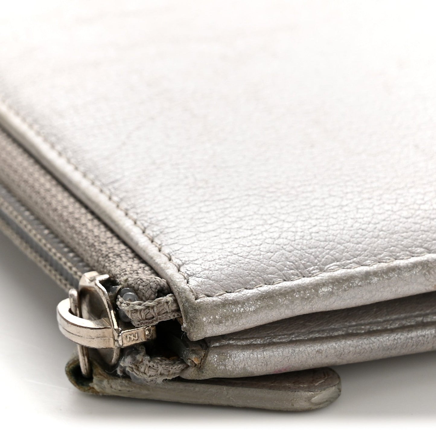 Metallic Goatskin Camellia Embossed Zip Around Wallet Silver
