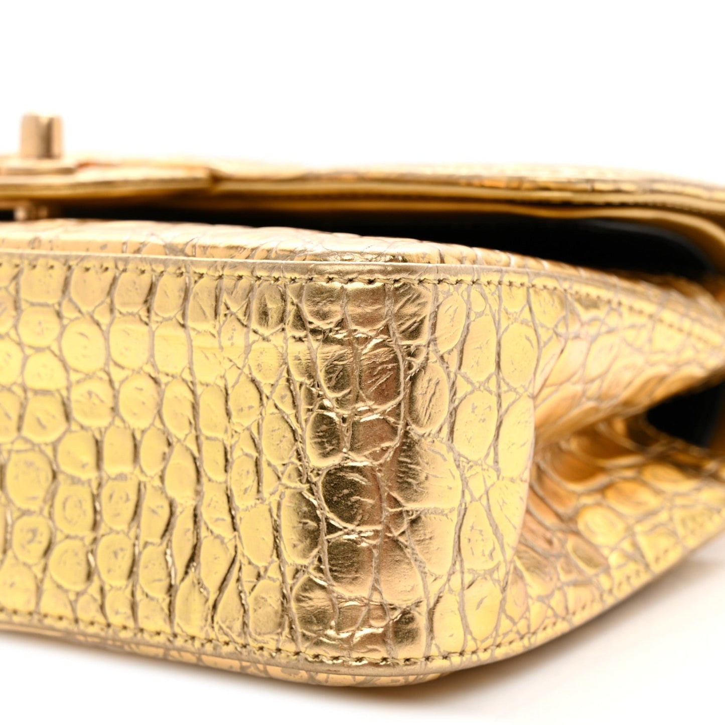 Metallic Calfskin Crocodile Embossed Cocodile Small Double Flap Gold