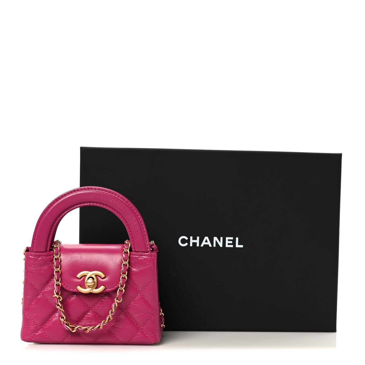 Shiny Aged Calfskin Quilted Mini Nano Kelly Shopper Dark Pink