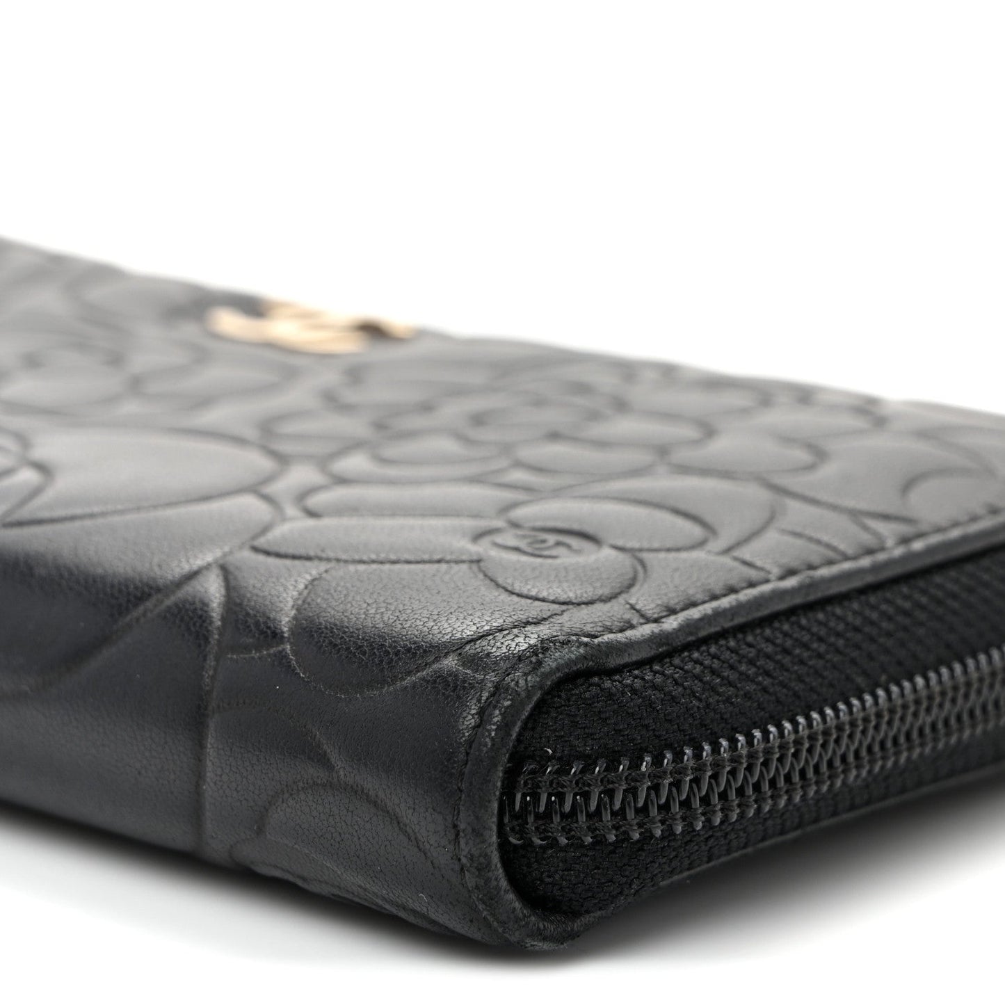 Lambskin Camellia Embossed Large Zip Around Gusset Wallet Black