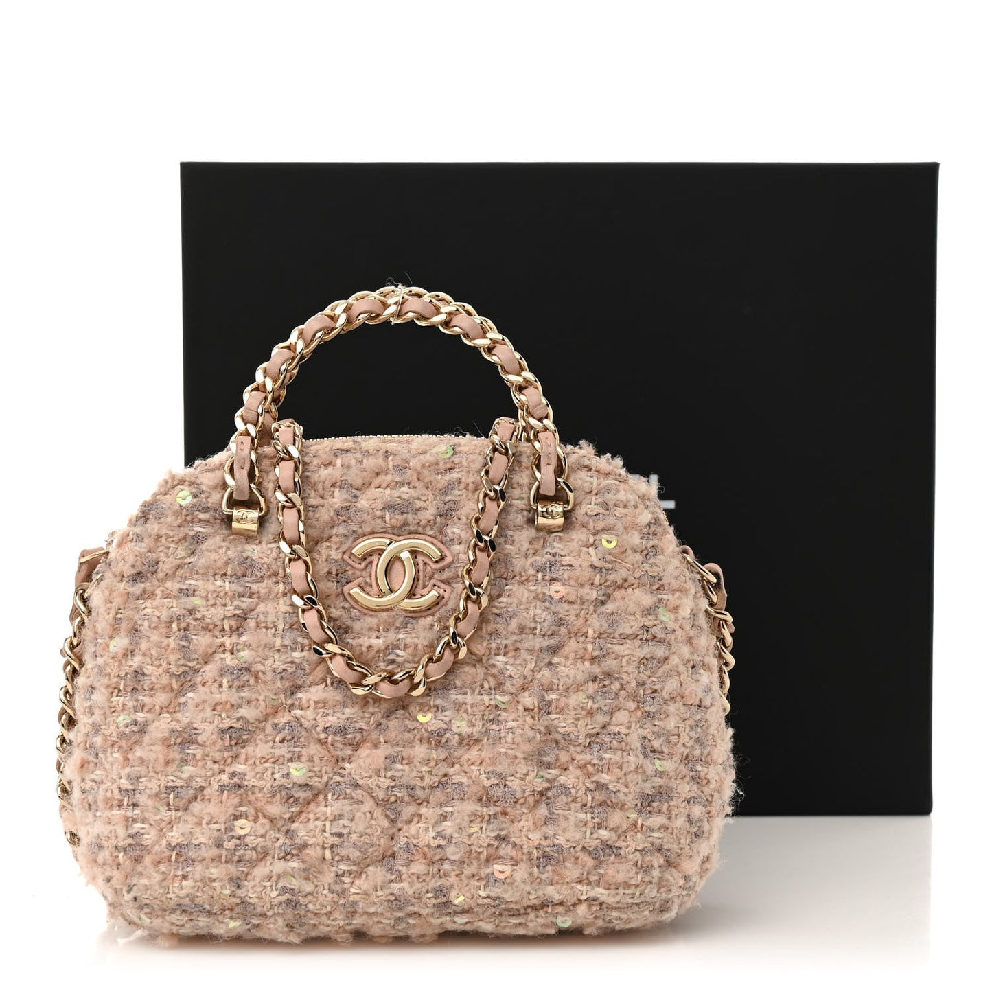 Cotton Wool Tweed Sequin Quilted Shiny Coco Clutch With Chain Light Pink Beige Ecru