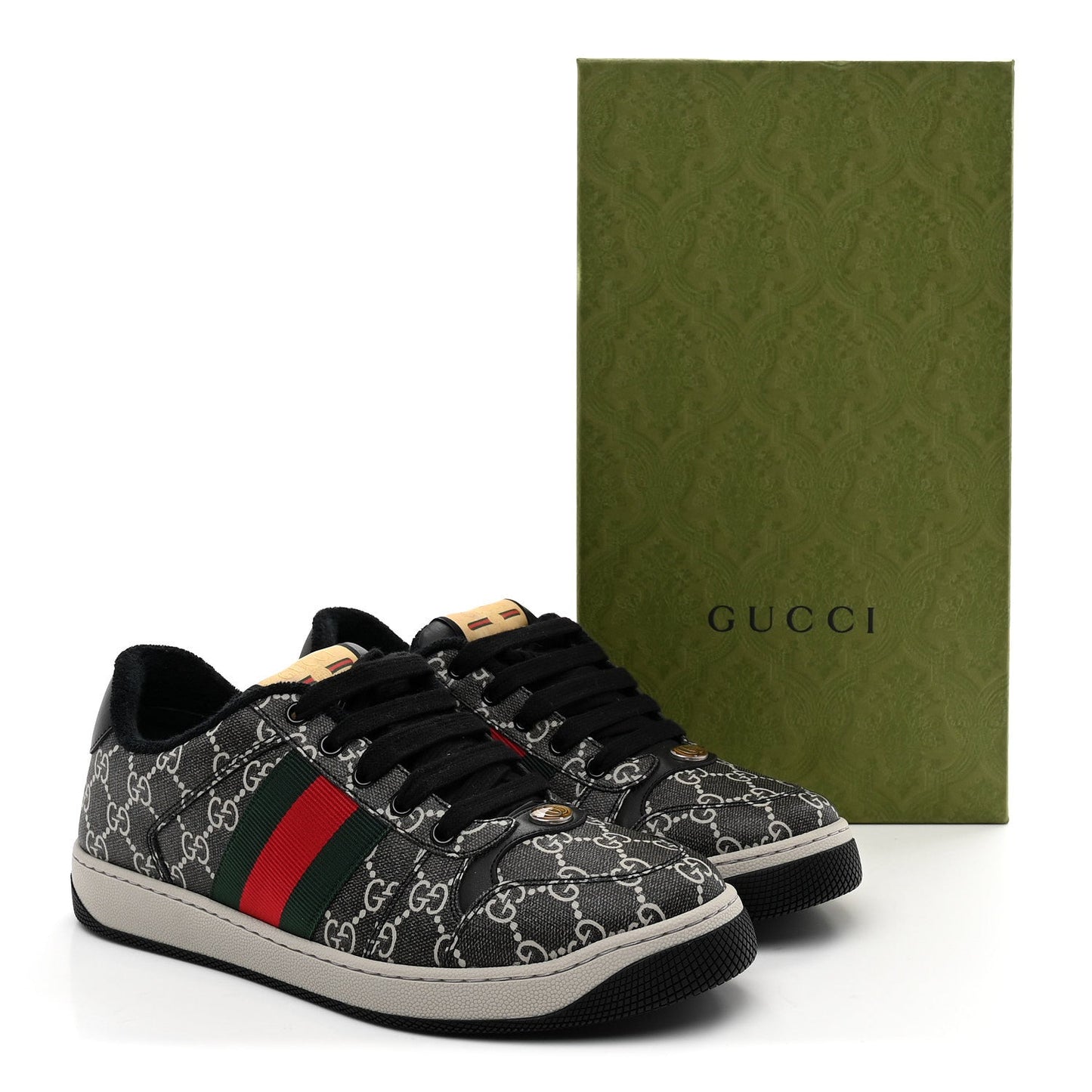 GG Supreme Monogram Miro Soft Calfskin Web Mens Screener Sneakers 8.5 Black Grey Sky