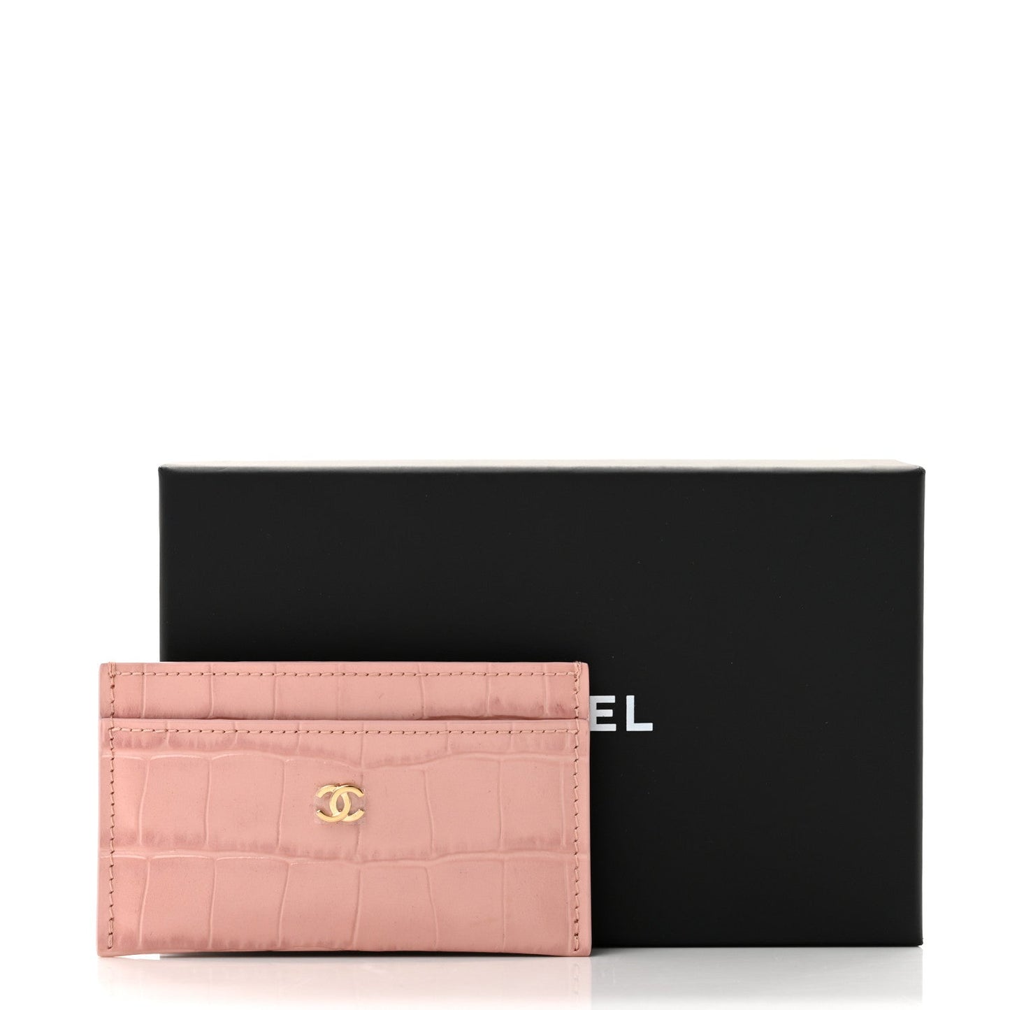 Calfskin Crocodile Embossed Crococo Card Holder Light Pink