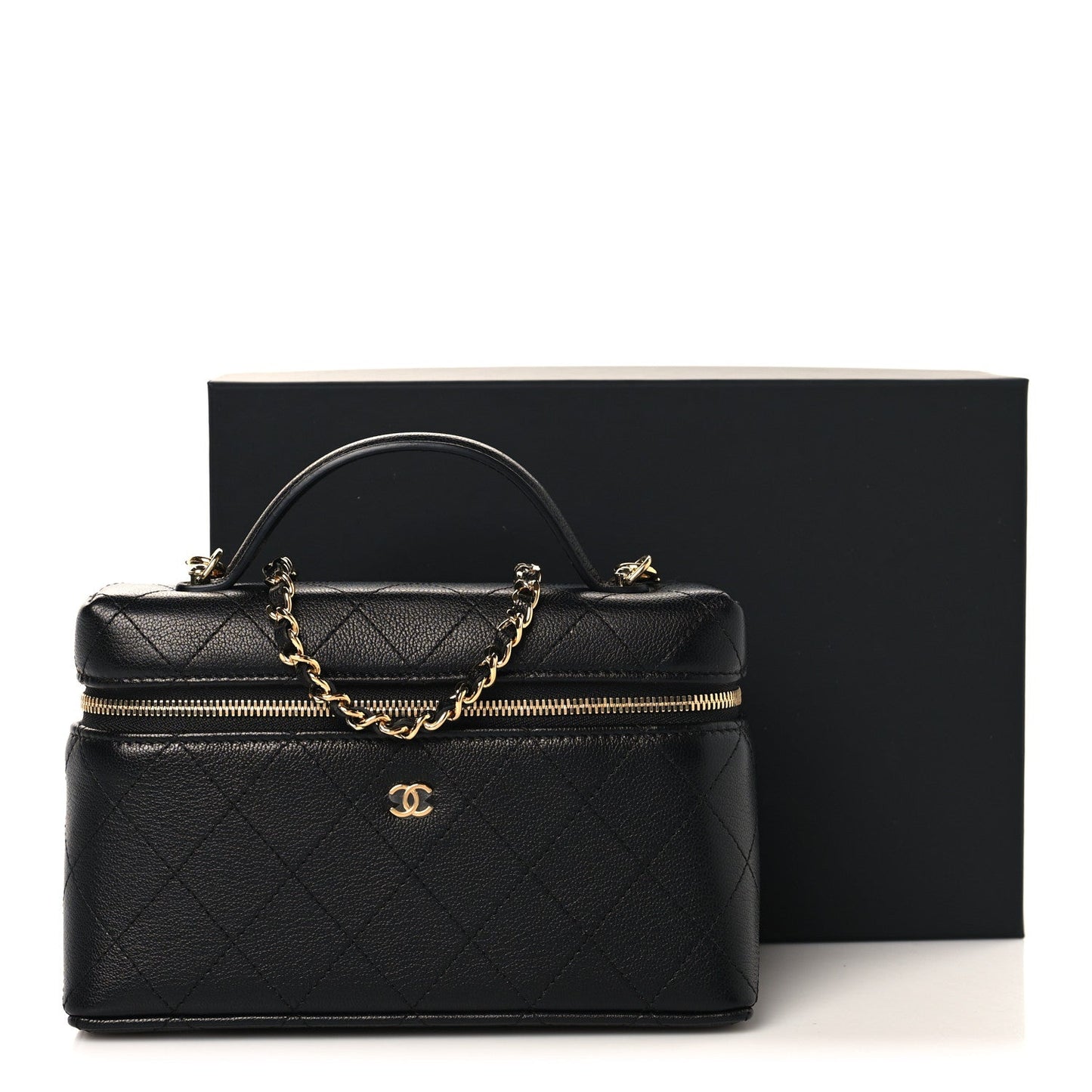 Goatskin Stitched Top Handle Slim Vanity With Chain Black