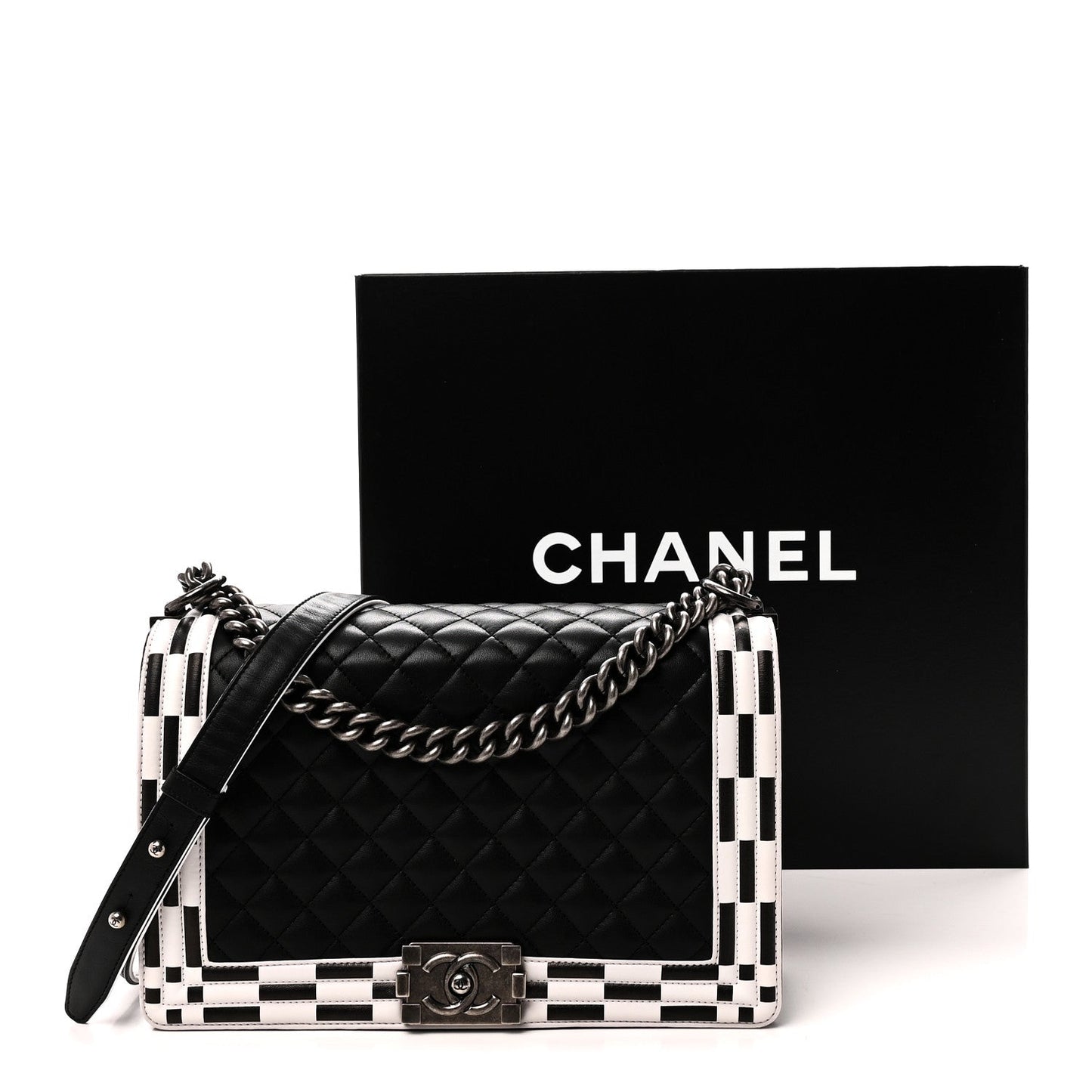 Calfskin Quilted Checkerboard Trim New Medium Boy Flap Black White