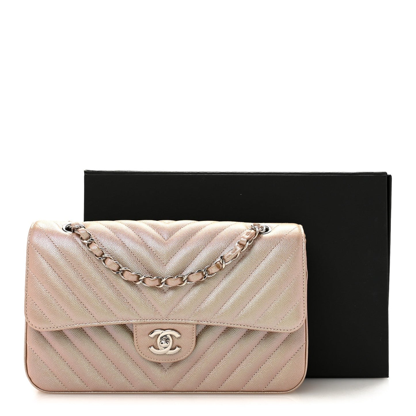 Metallic Caviar Chevron Quilted Medium Double Flap Light Gold