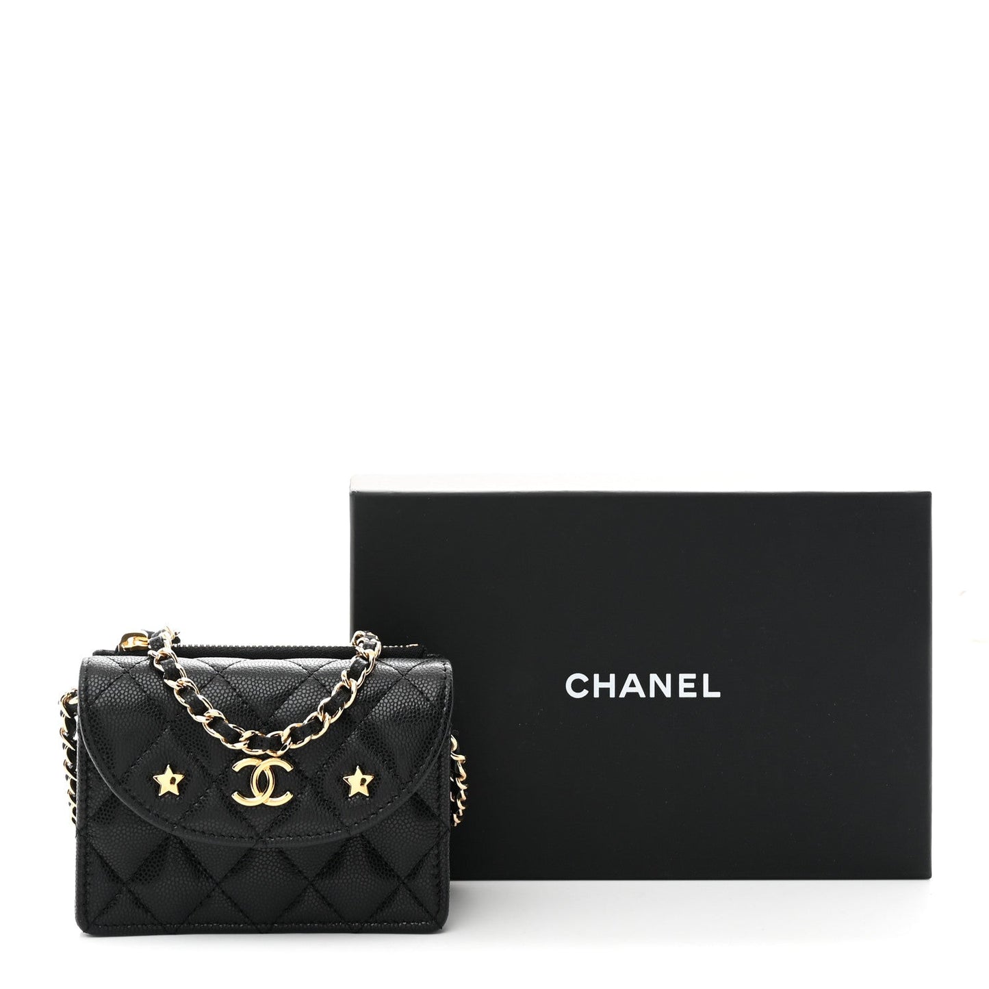 Caviar Quilted CC Stars Card Holder On Chain Black