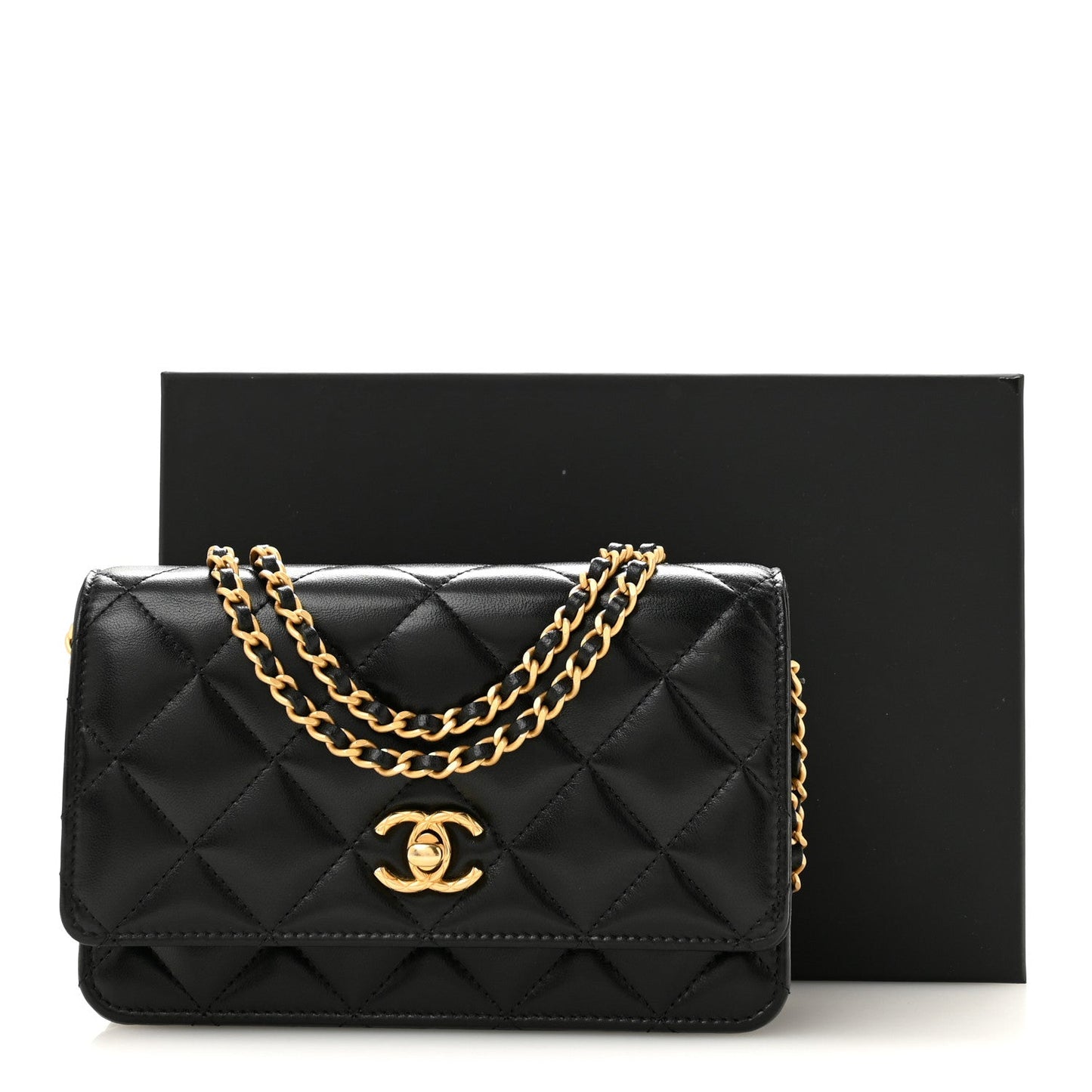 Lambskin Quilted Logo WOC Wallet On Chain Black