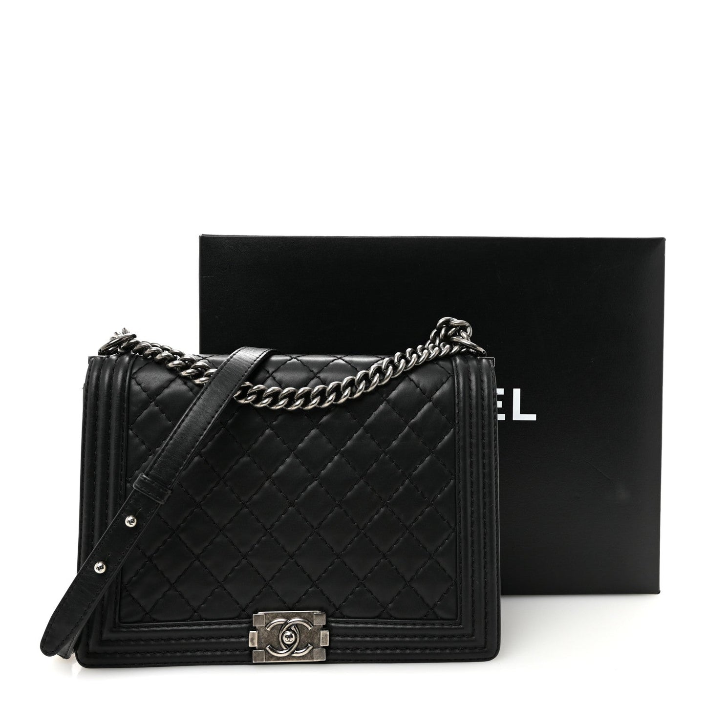 Calfskin Double Stitch Large Boy Flap Black