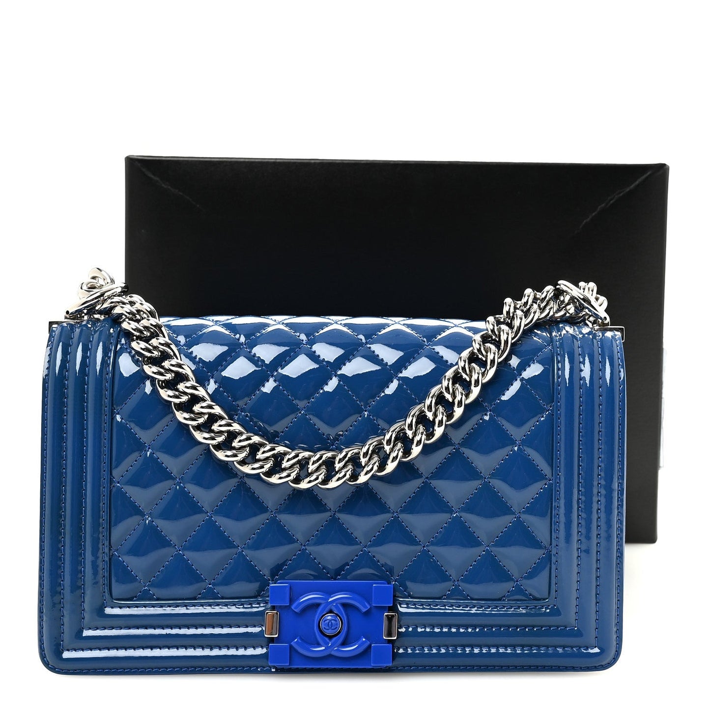 Patent Calfskin Quilted Medium Plexiglass Boy Flap Blue