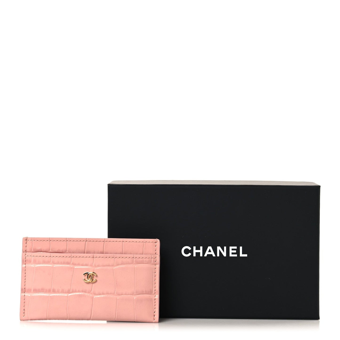Calfskin Crocodile Embossed Crococo Card Holder Light Pink