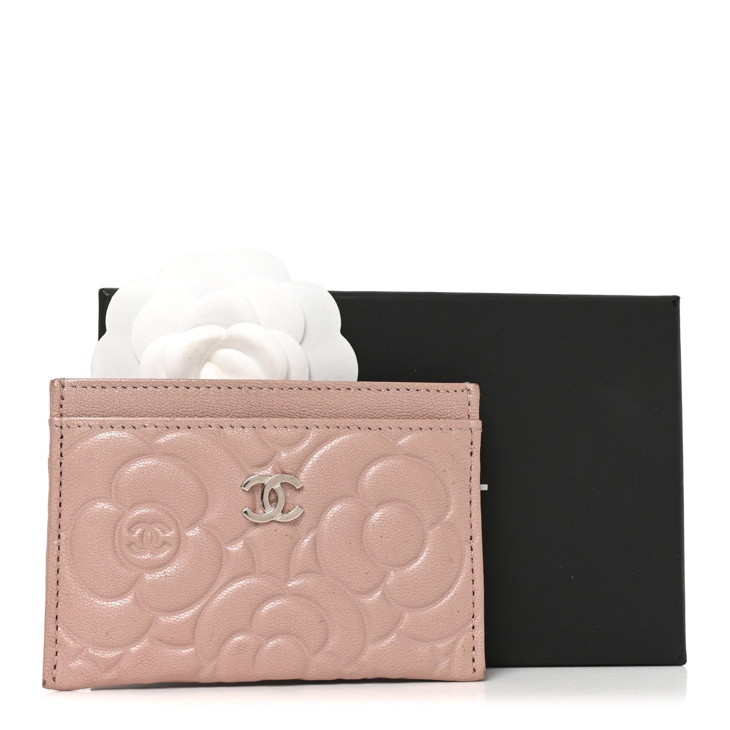 Goatskin Camellia Embossed Card Holder Light Pink