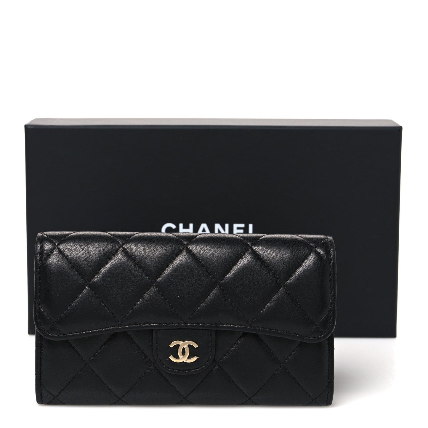 Lambskin Quilted Medium Gusset Flap Wallet Black