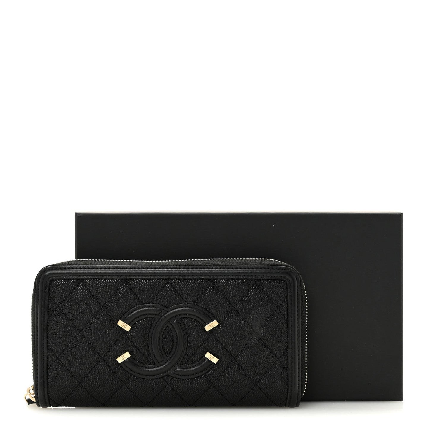 Caviar Quilted Filigree Zip Around Wallet Black