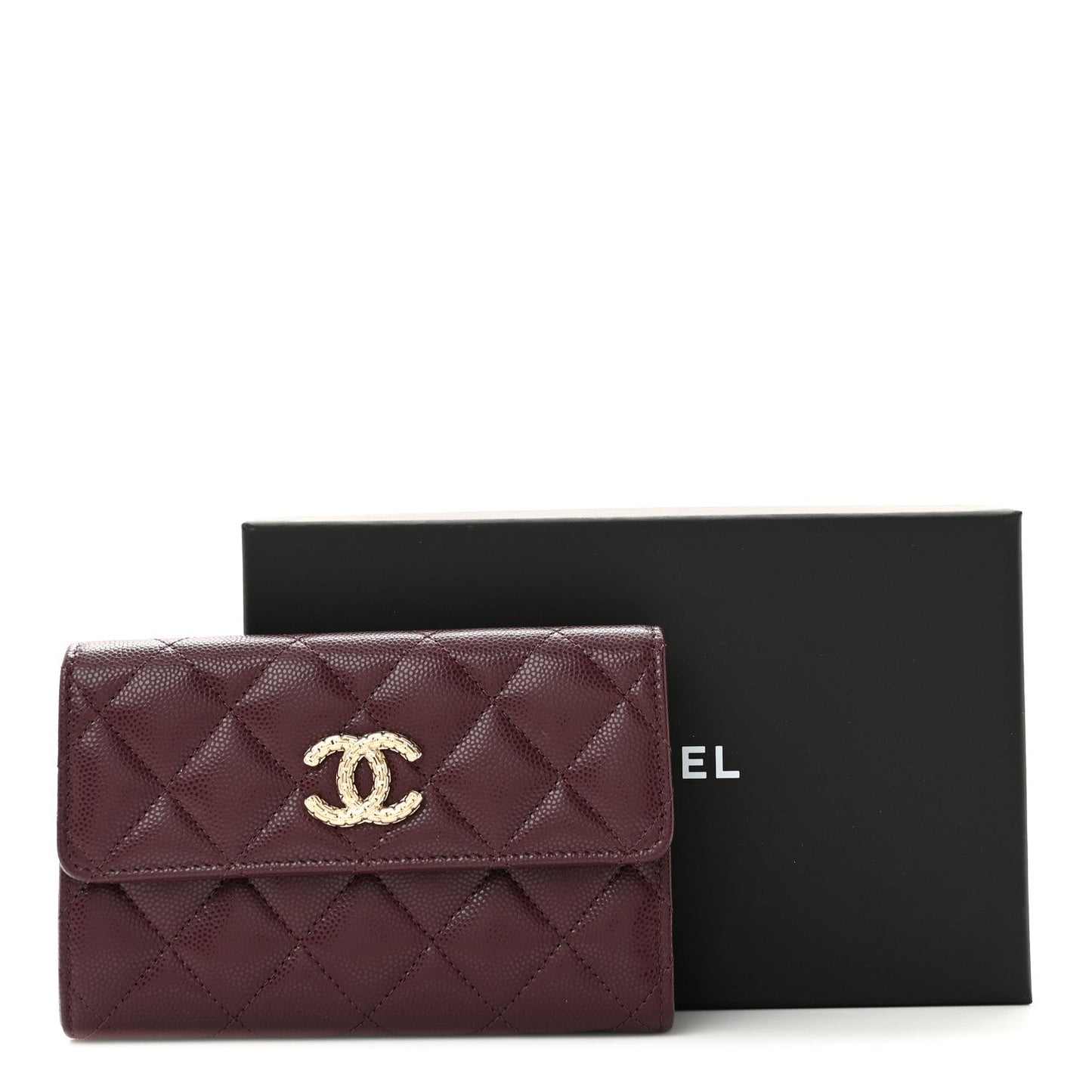 Caviar Quilted Chain Embossed CC Medium Flap Wallet Dark Burgundy