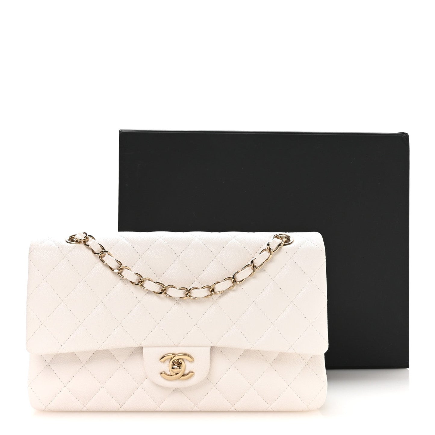 Caviar Quilted Medium Double Flap White