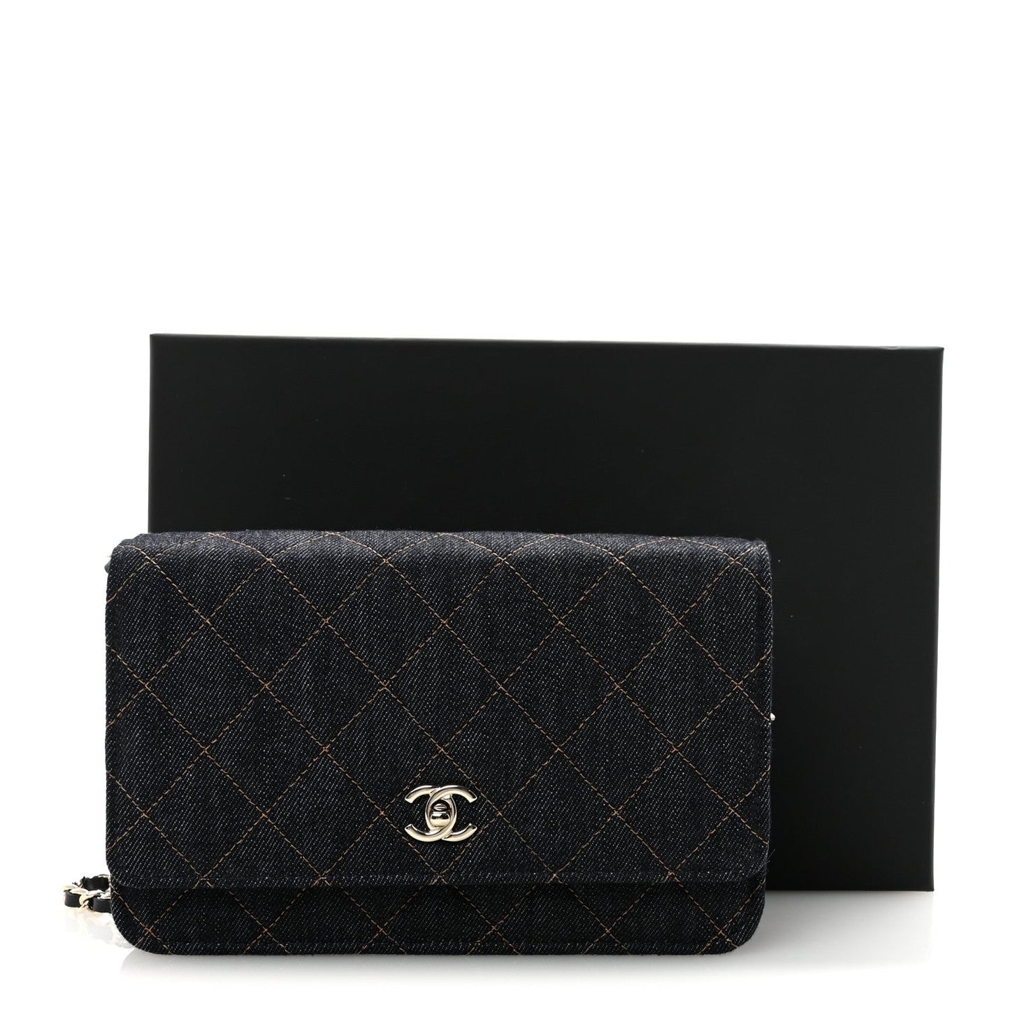 Denim Quilted CC Turnlock Wallet On Chain WOC Dark Blue Orange