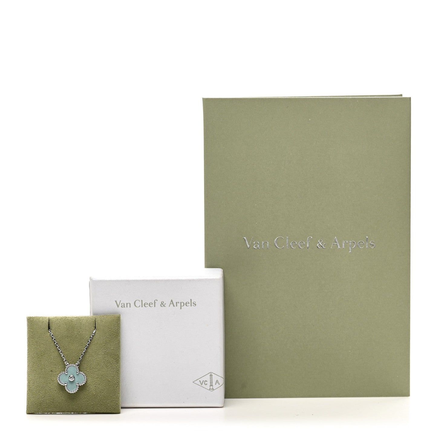 18K White Gold Diamond Celadon Green Sevres Porcelain Vintage Alhambra Pendant Necklace