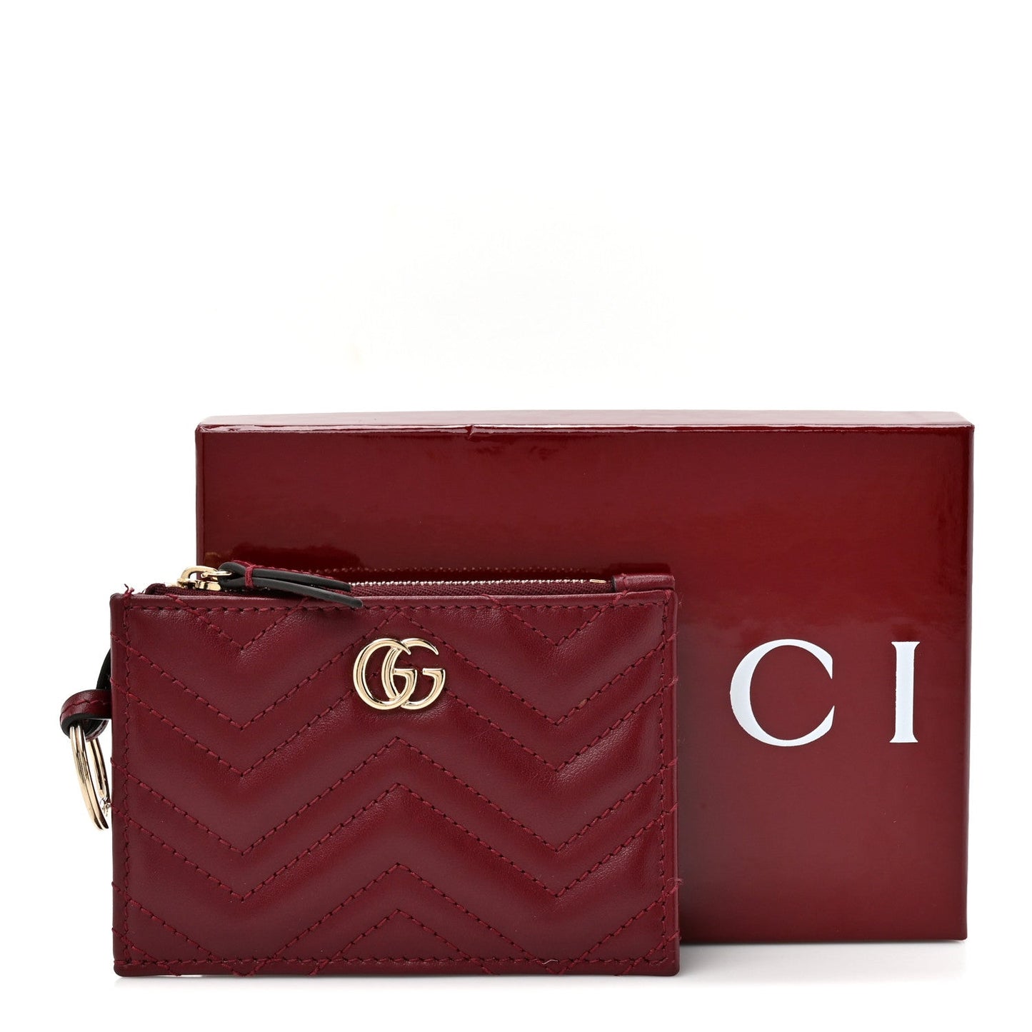 Lambskin Matelasse GG Marmont Zip Key Pouch Rosso Ancora