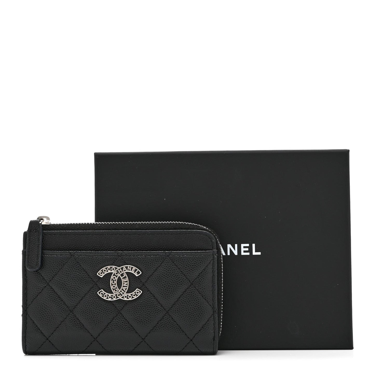 Caviar Quilted CC Logo Zip Around Card Holder Black