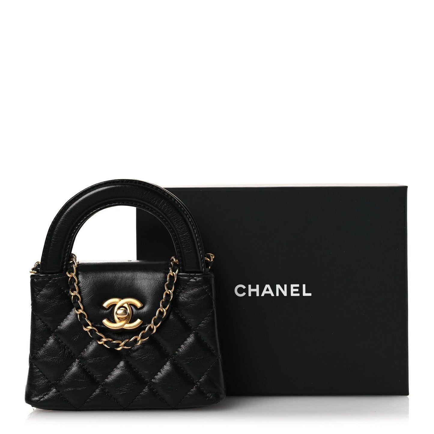 Shiny Aged Calfskin Quilted Mini Nano Kelly Shopper Black