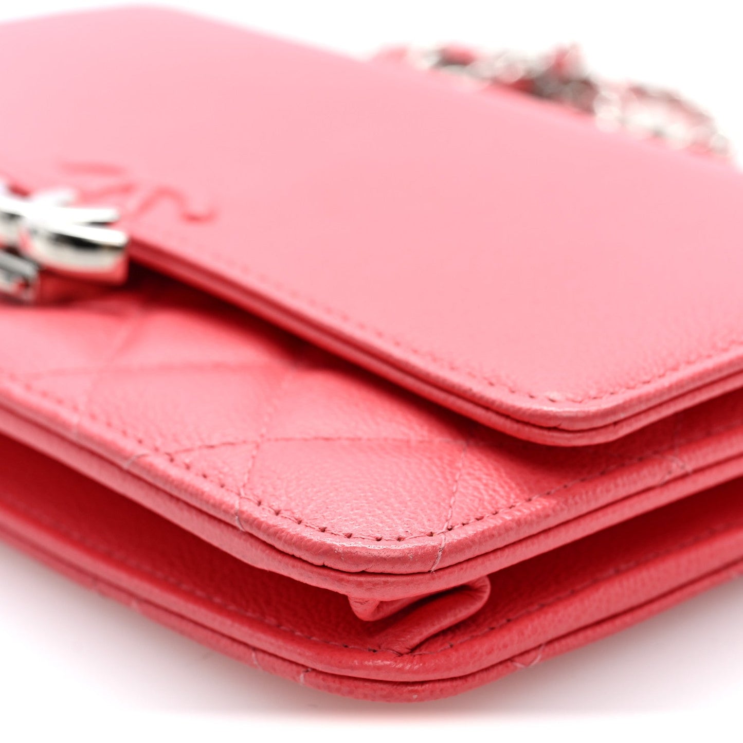 Grained Calfskin Quilted CC Box Wallet On Chain WOC Pink