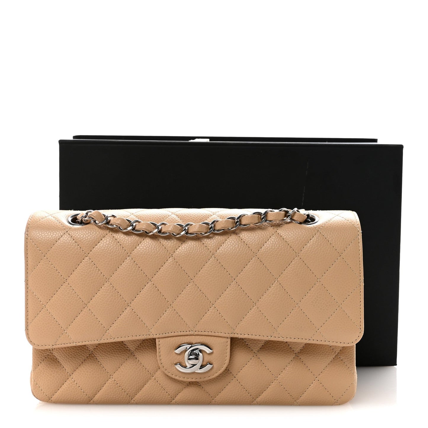 Caviar Quilted Medium Double Flap Beige