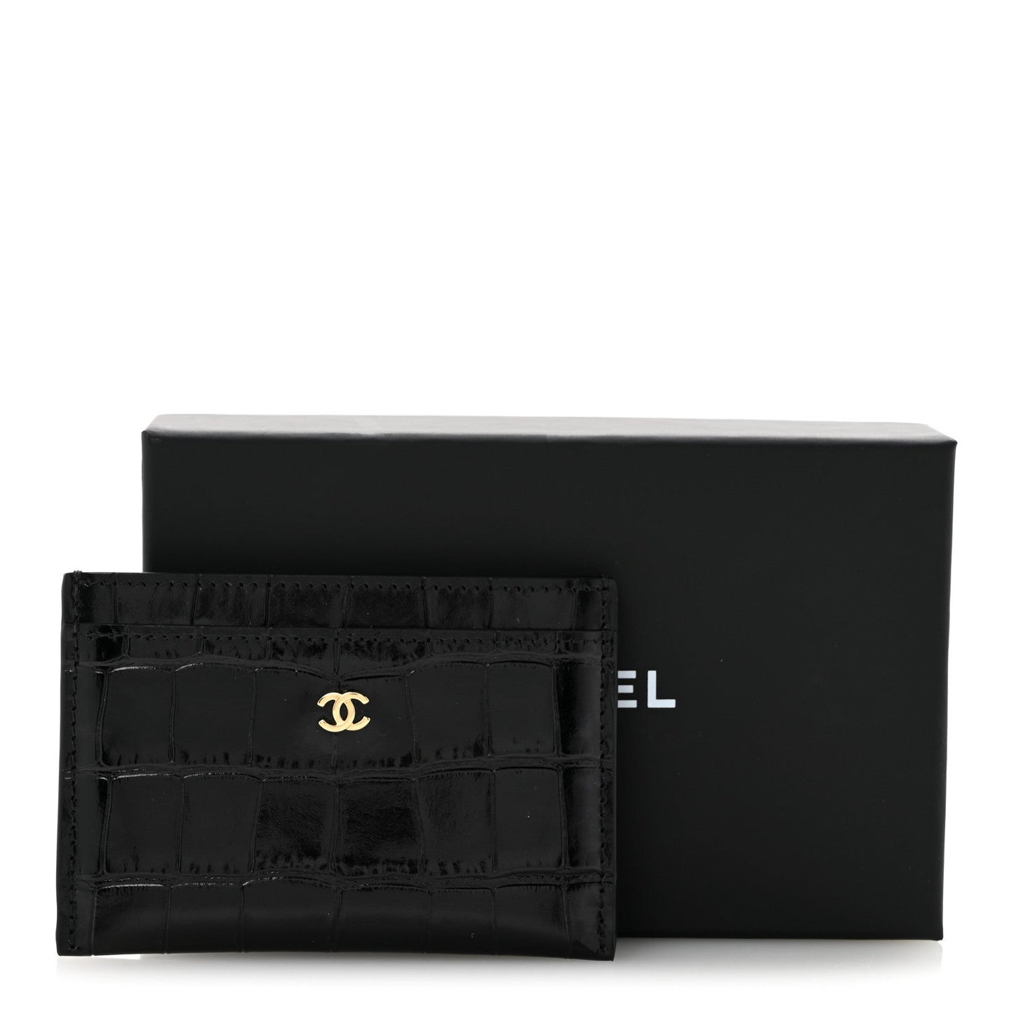 Calfskin Crocodile Embossed Crococo Card Holder Black