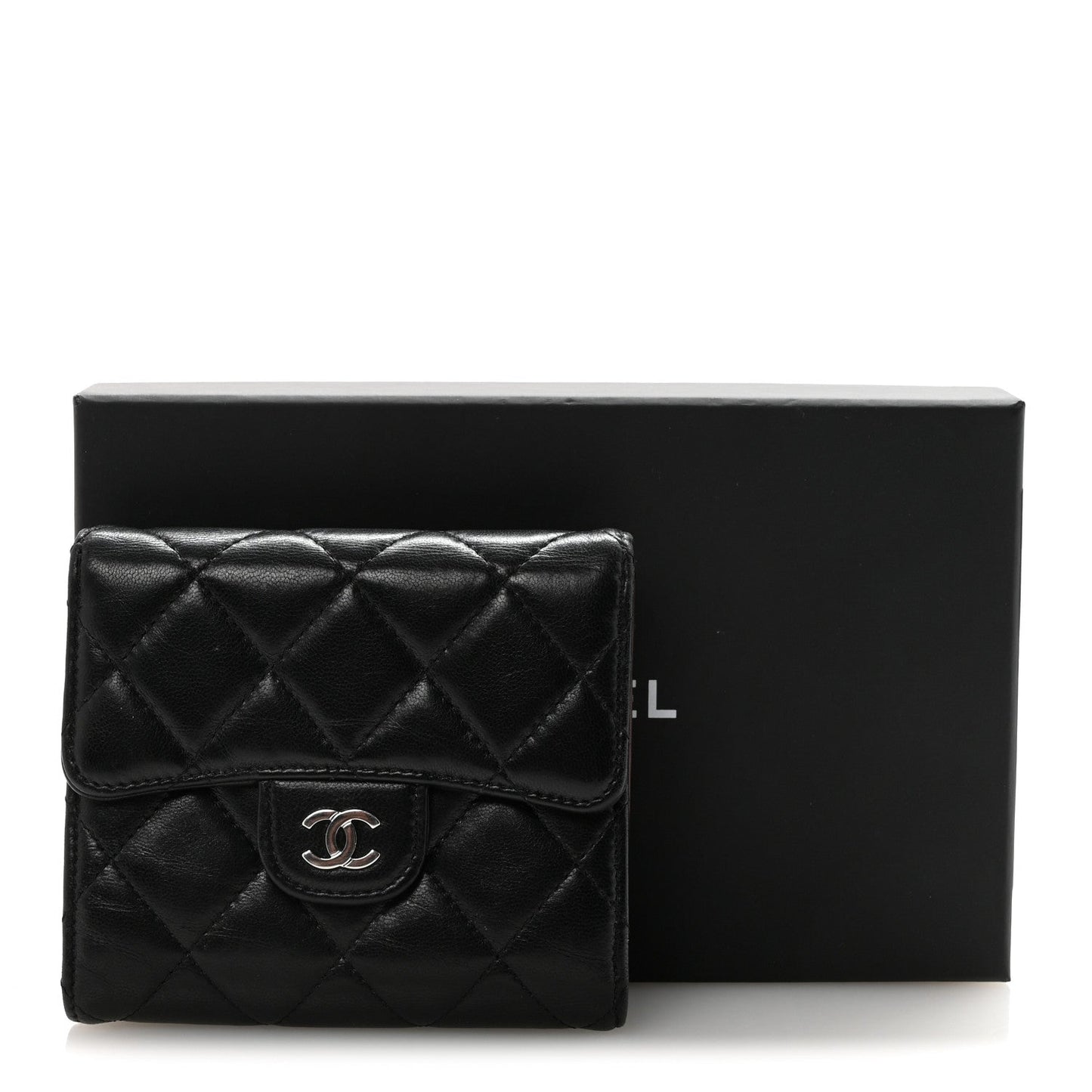 Lambskin Quilted Compact Flap Wallet Black