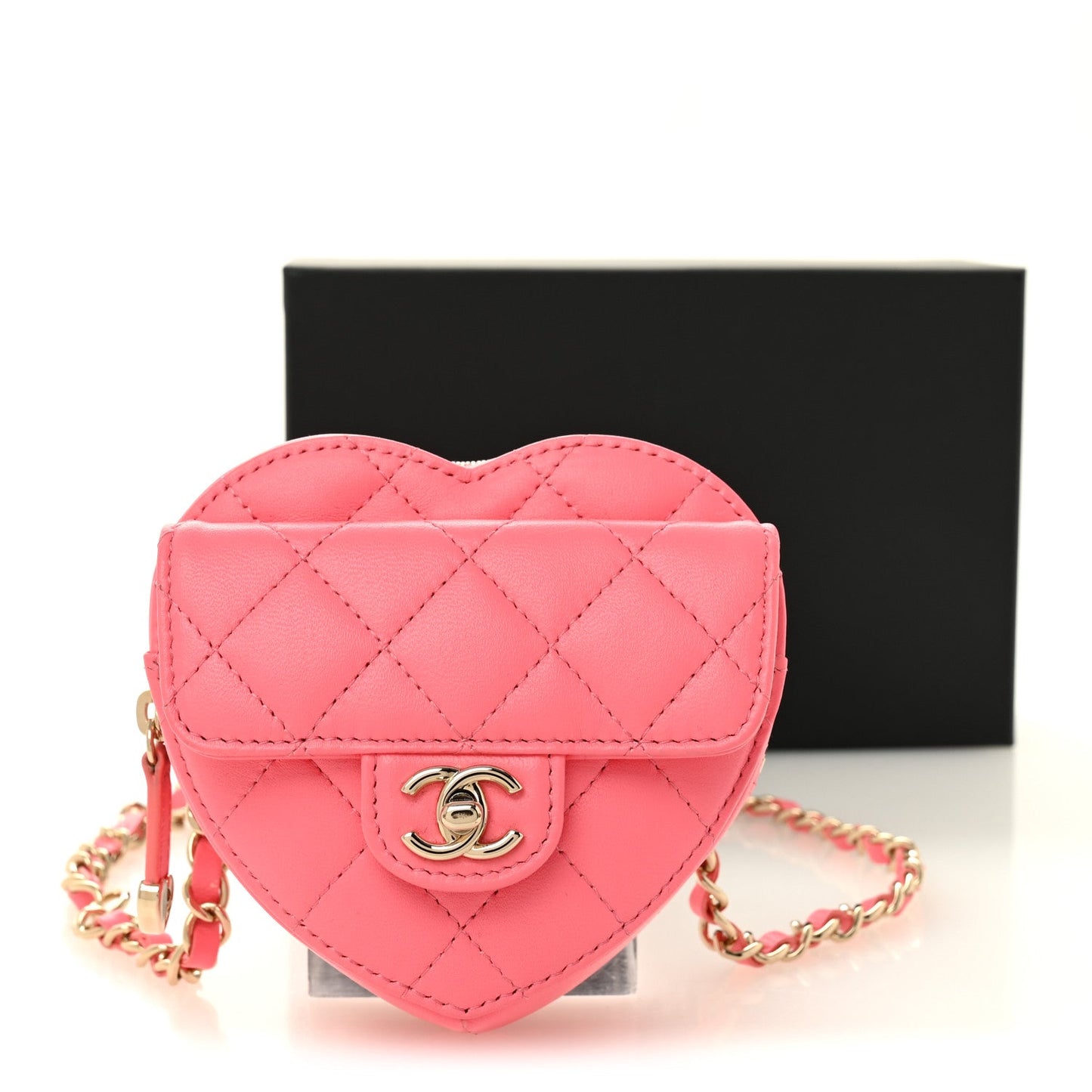 Lambskin Quilted CC In Love Heart Waist Belt Bag With Chain Pink