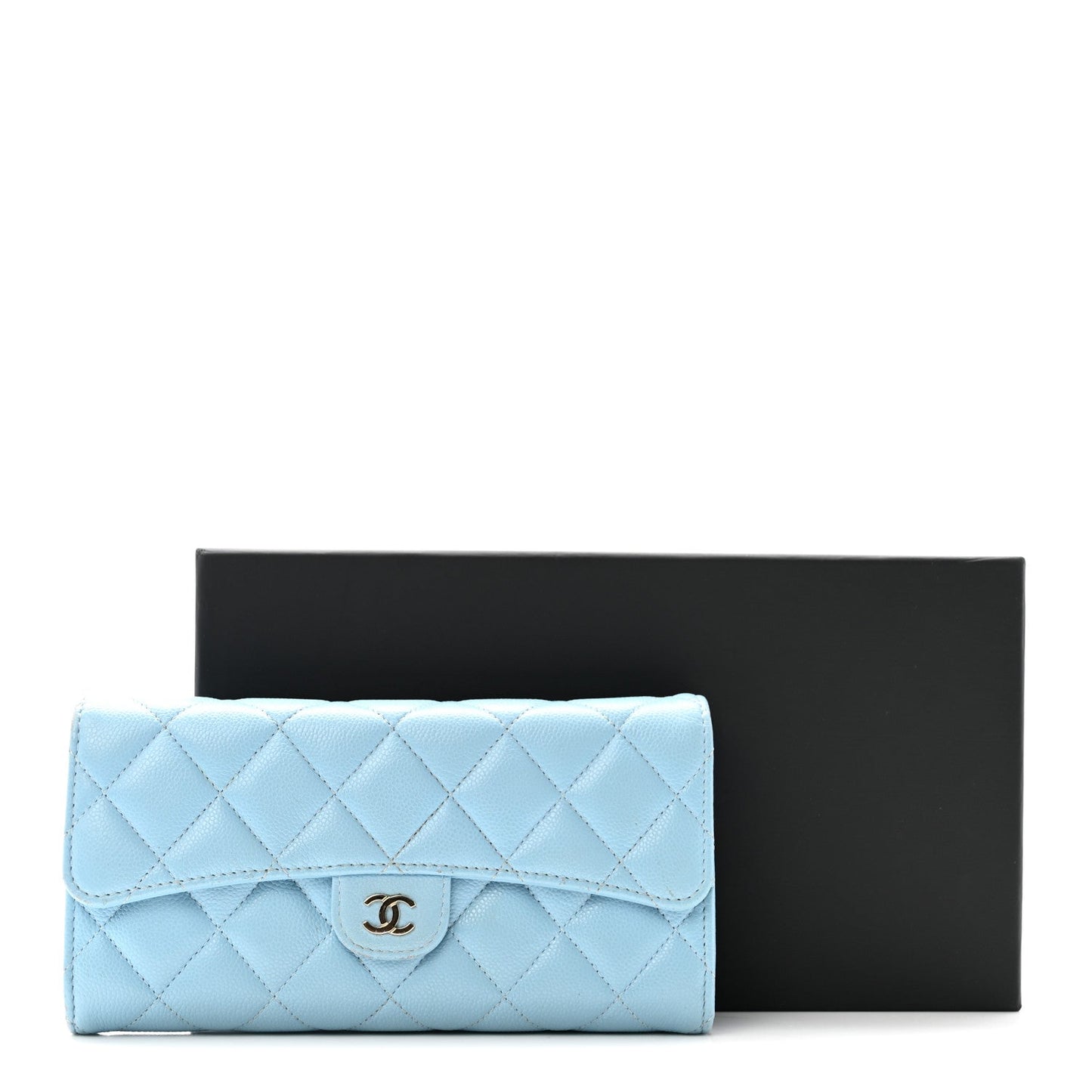 Caviar Quilted Large Gusset Flap Wallet Light Blue