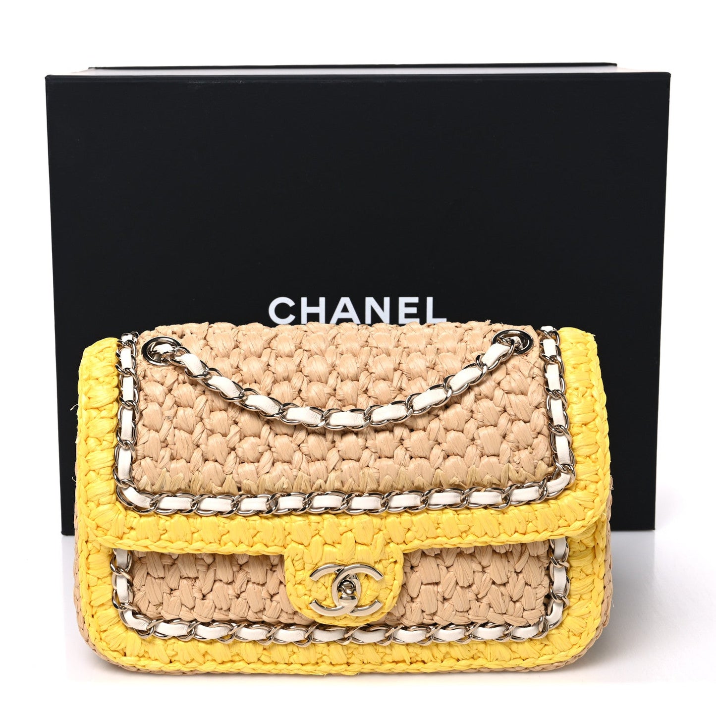 Raffia Chain Venice Beach Flap Bag Beige Yellow