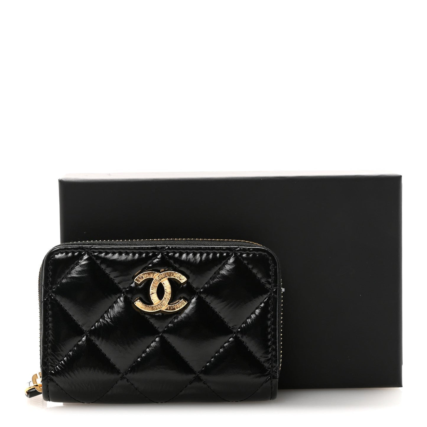 Shiny Lambskin Quilted Textured CC Zip Coin Purse Black