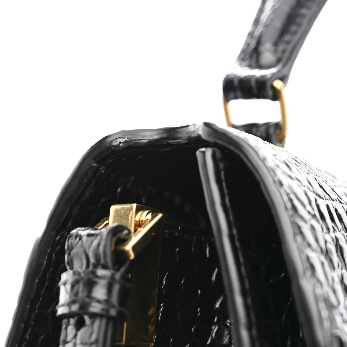 Calfskin Crocodile Embossed Medium Classic Monogram Cassandra Top Handle Black