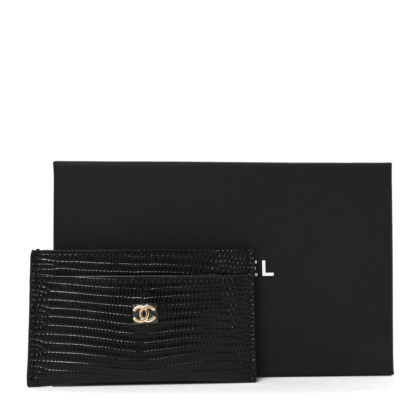 Calfskin Lizard Embossed Card Holder Gold Black