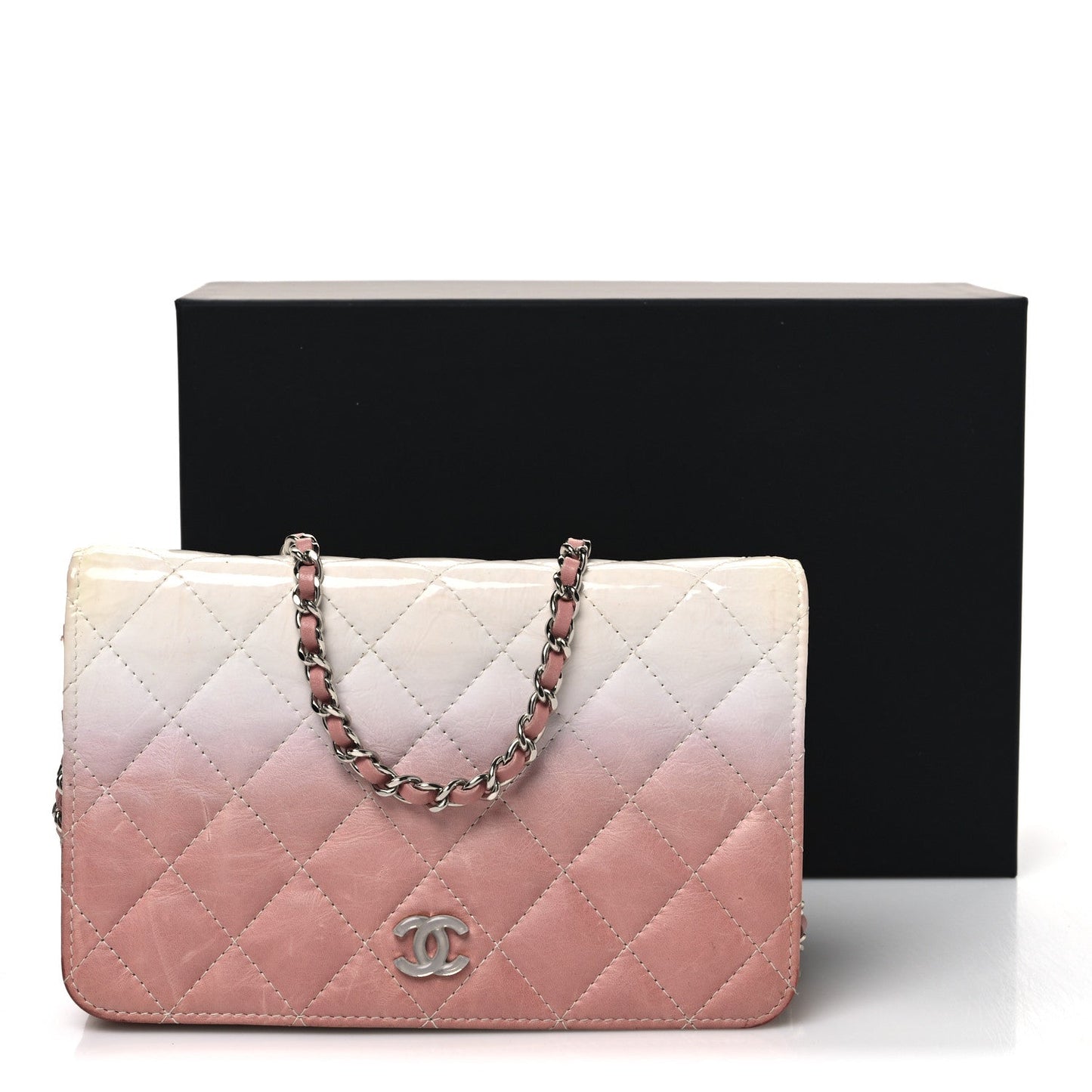 Ombre Patent Calfskin Quilted Wallet on Chain WOC Pink White