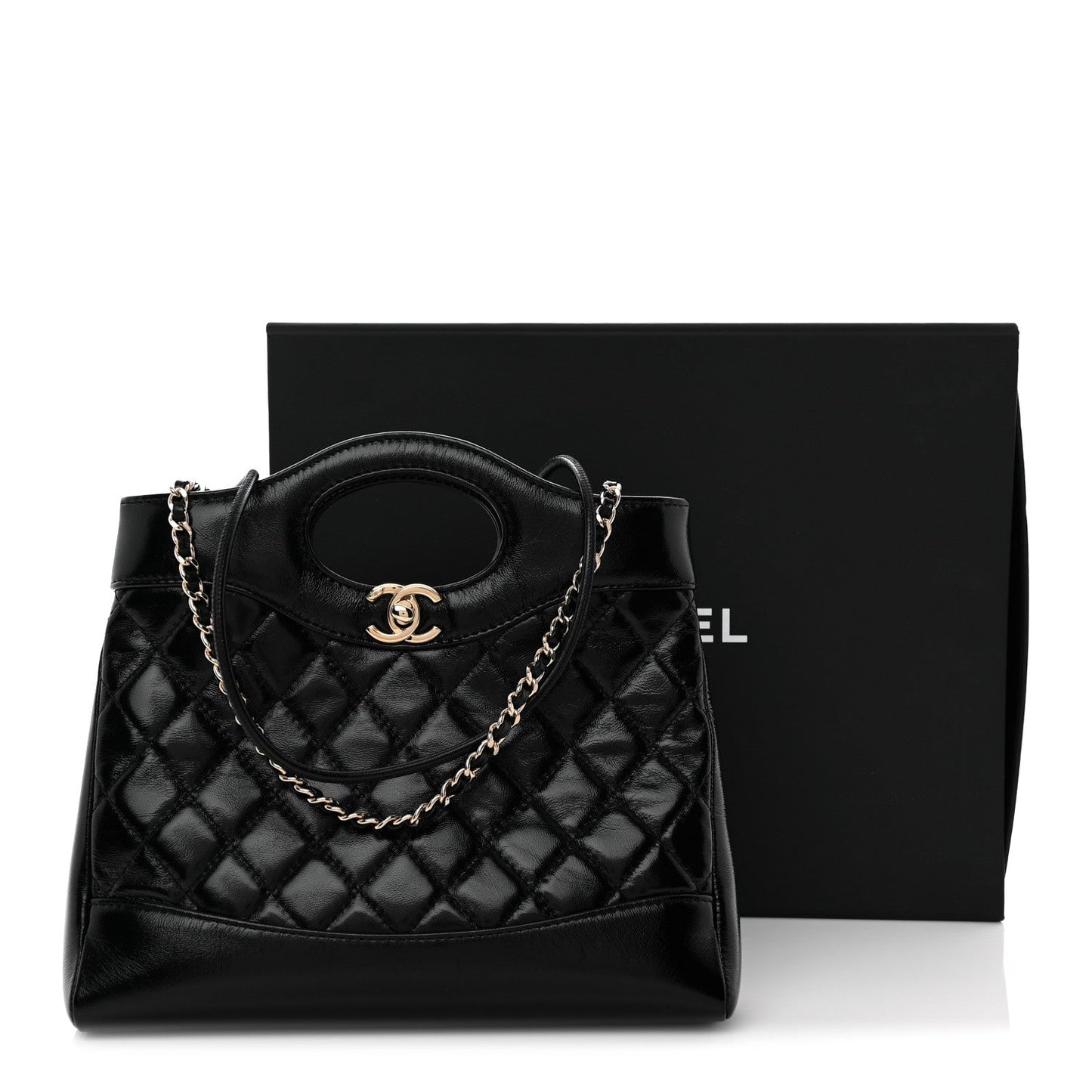 Shiny Lambskin Quilted Mini 31 Shopping Bag Black