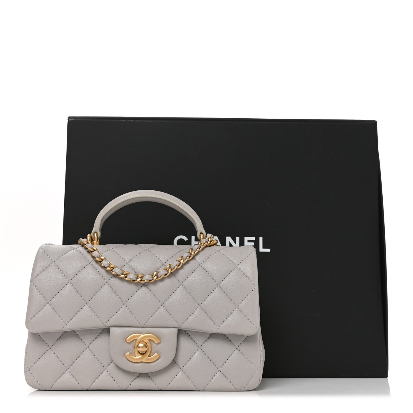 Lambskin Quilted Mini Top Handle Rectangular Flap Grey