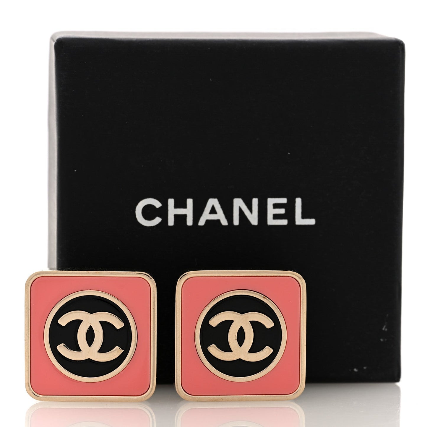 Metal Enamel CC Square Earrings Gold Pink Black