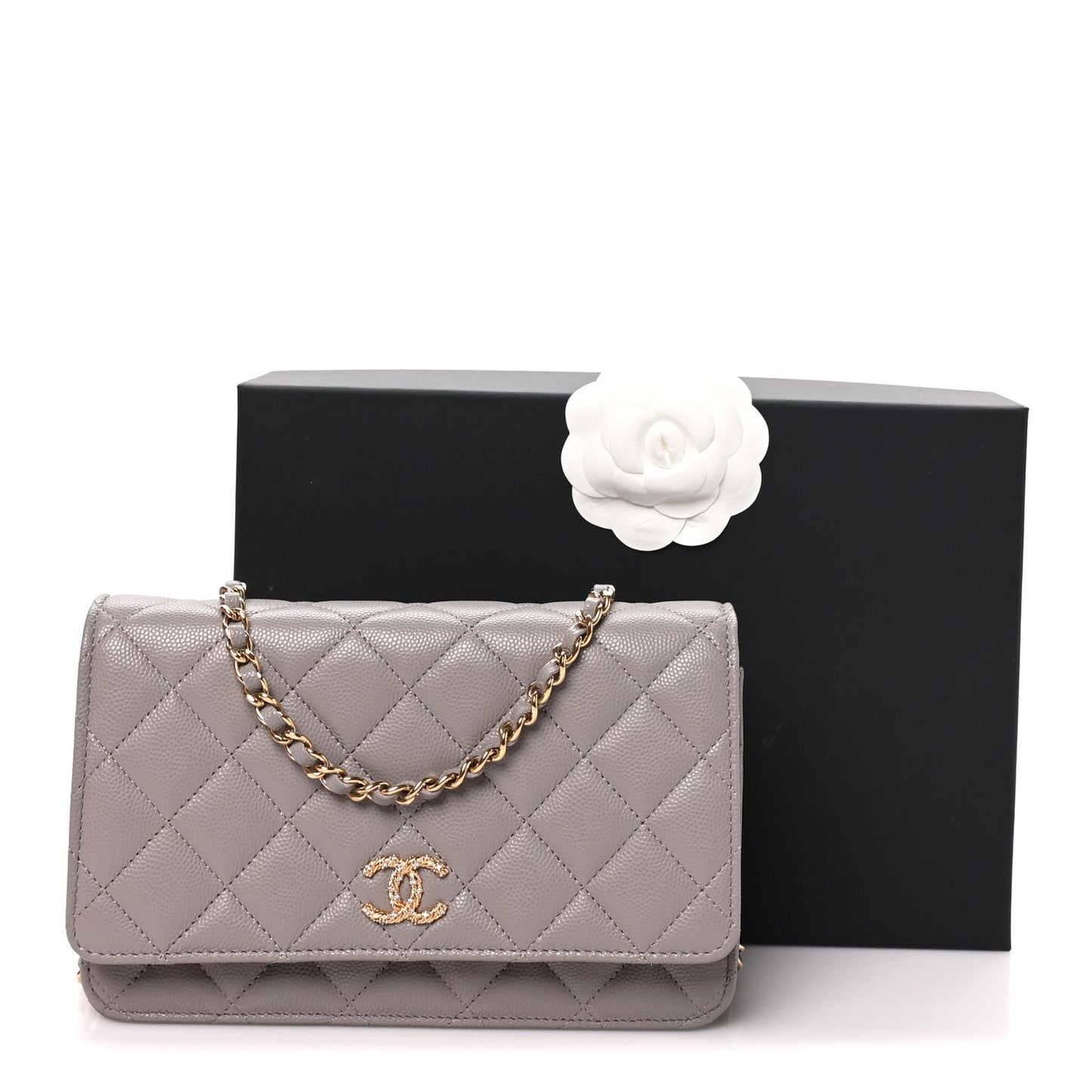 Grained Calfskin Quilted Strass CC Wallet On Chain WOC Dark Grey