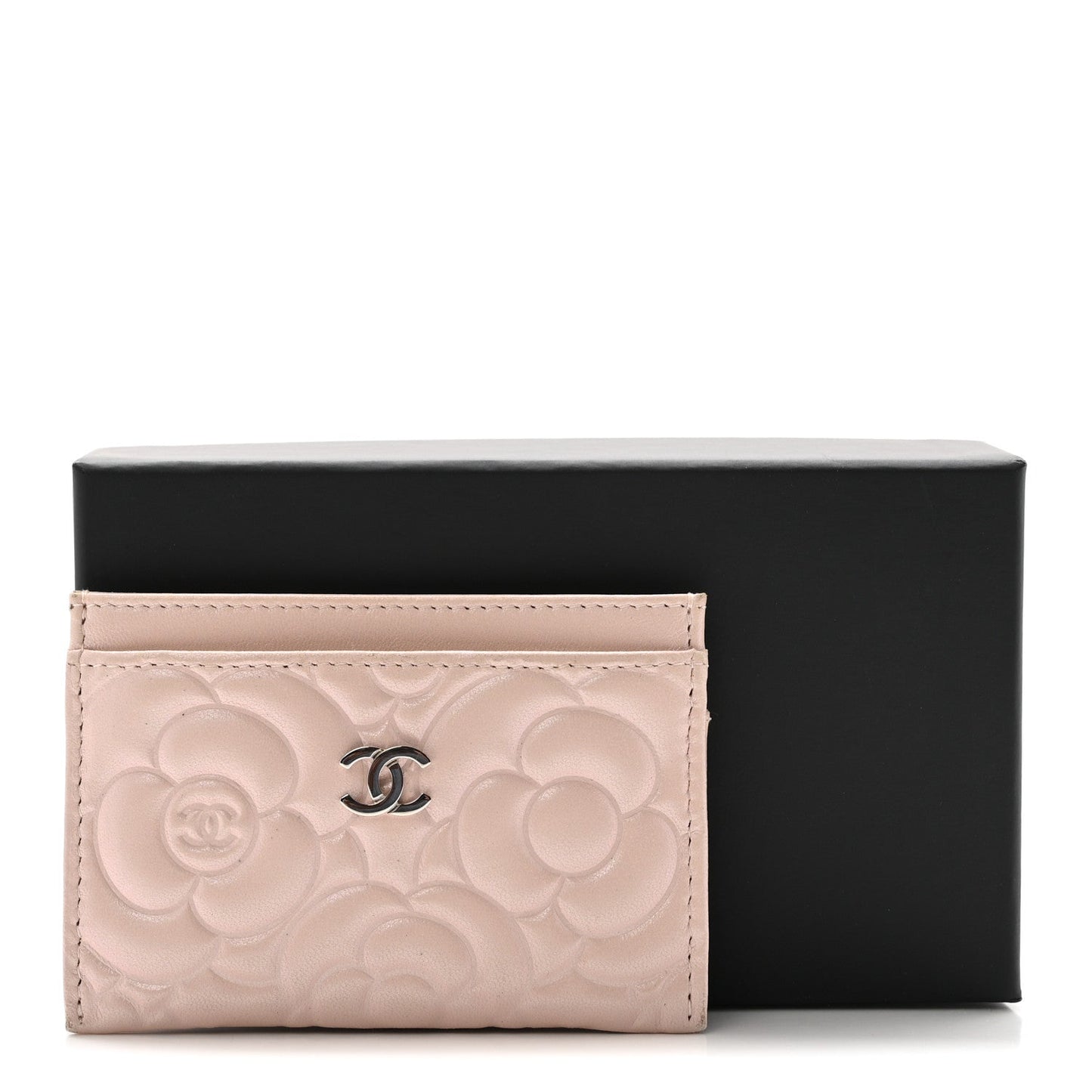 Iridescent Lambskin Camellia Embossed Card Holder Light Pink