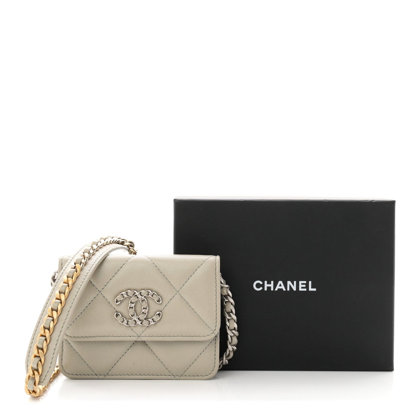 Lambskin Quilted Chanel 19 Flap Coin Purse With Chain Grey
