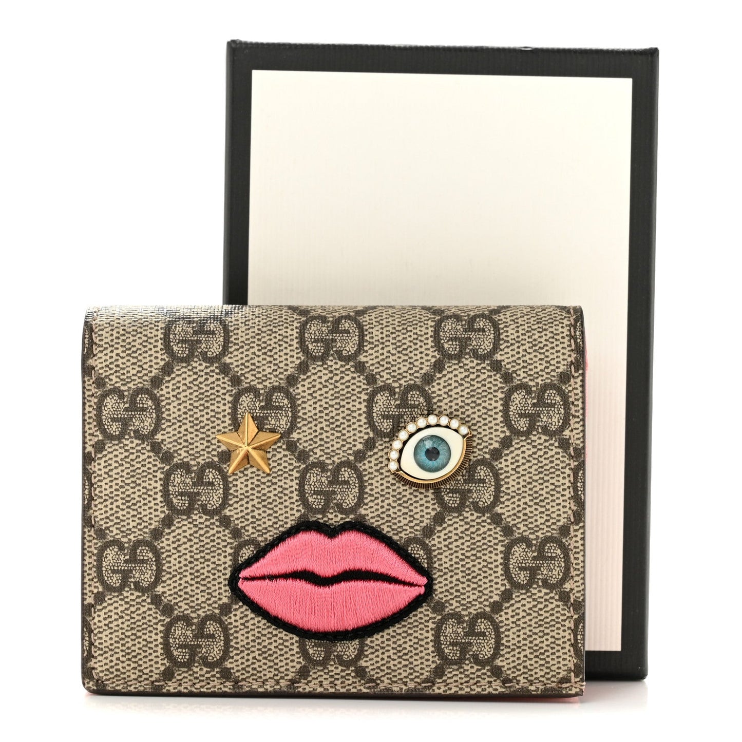 GG Supreme Monogram Face Embroidered Card Case Wallet Pink
