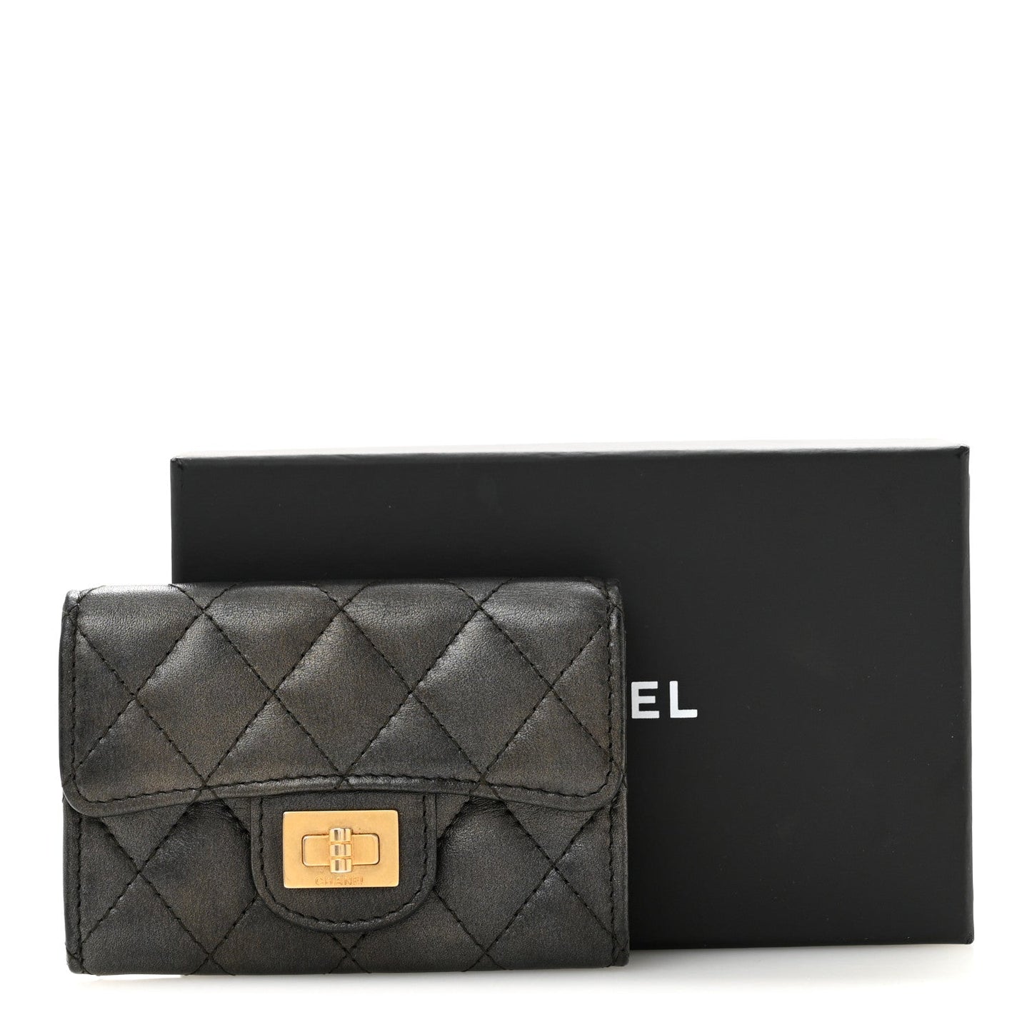 Metallic Calfskin Quilted Reissue Card Holder Wallet Charcoal